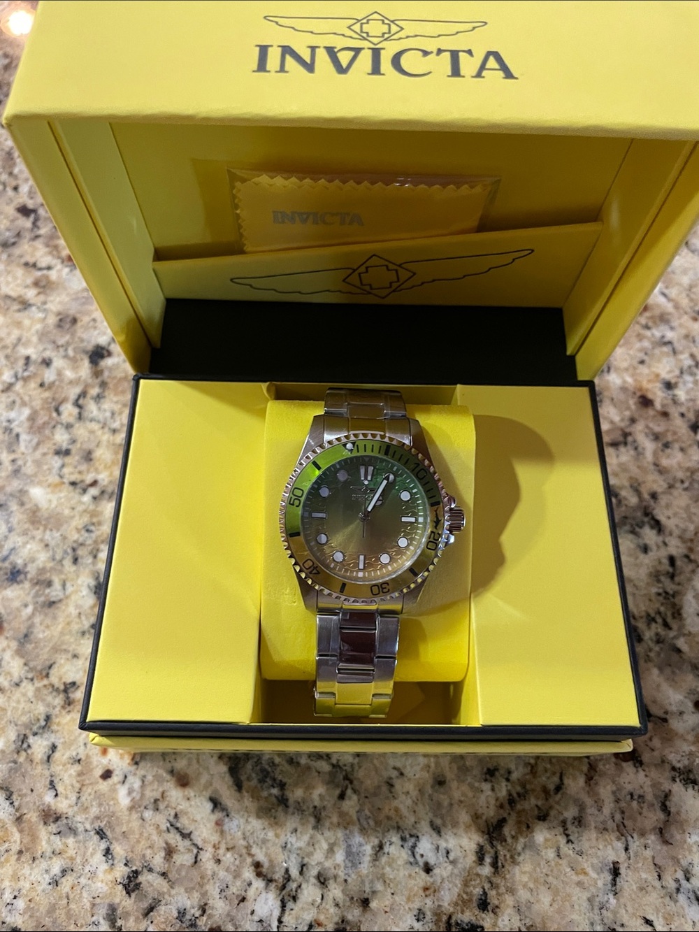 Invicta Pro Diver Men’s Silver Watch with Green and Yellow Dial and Bezel